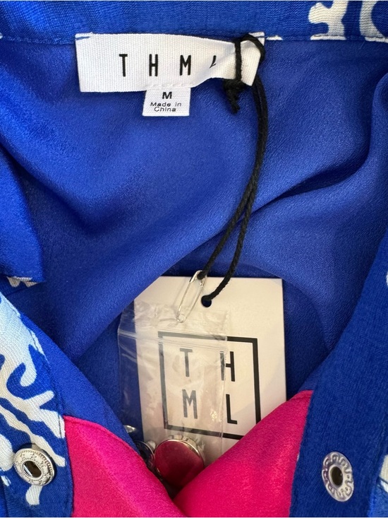 THML Blue Coral-Print Sleeveless Pleated Button Mini Dress Pink & Orange Trim - Picture 6 of 10